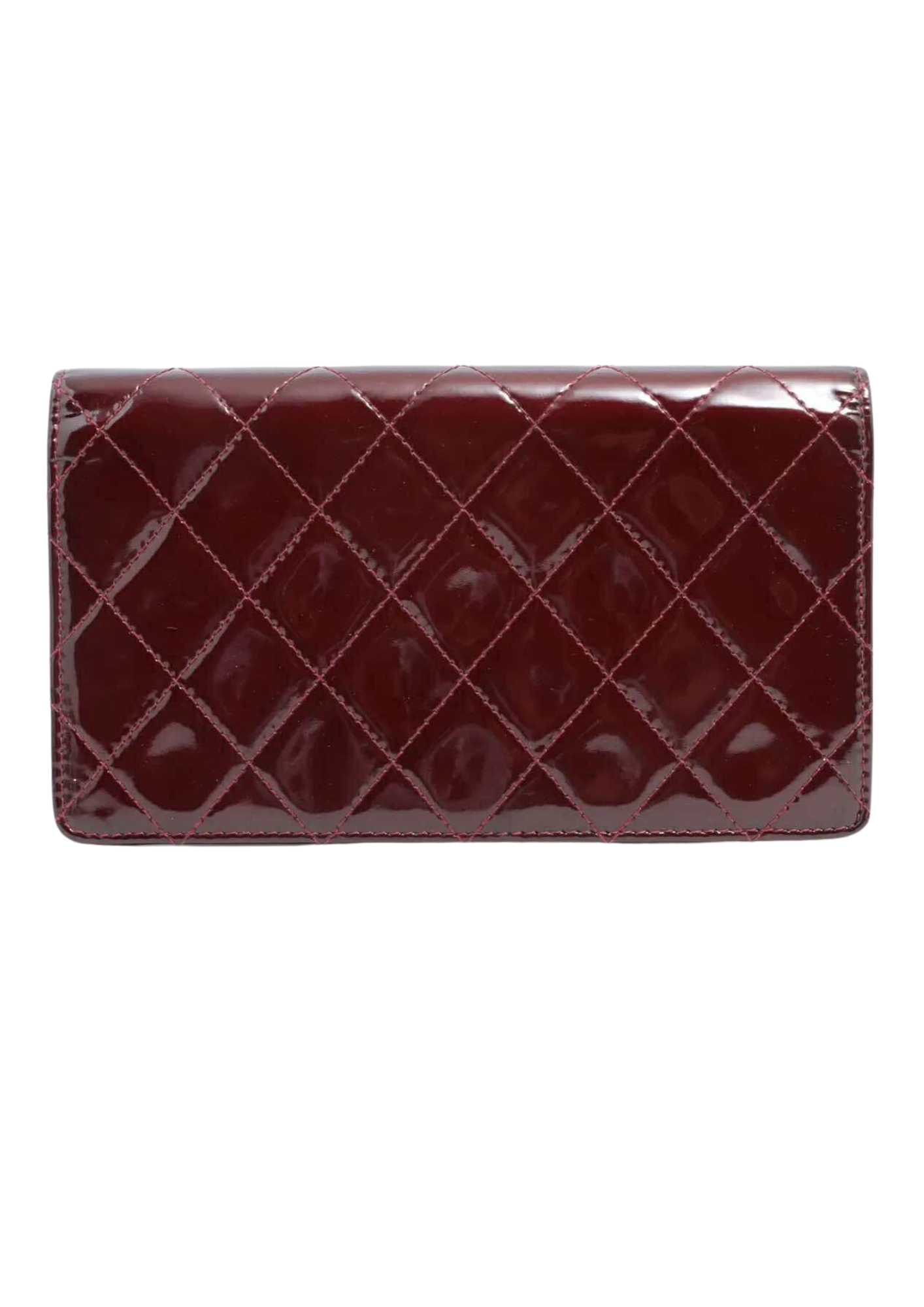 CHANEL Coco Mark Patent Leather Wallet Bordeaux Silver