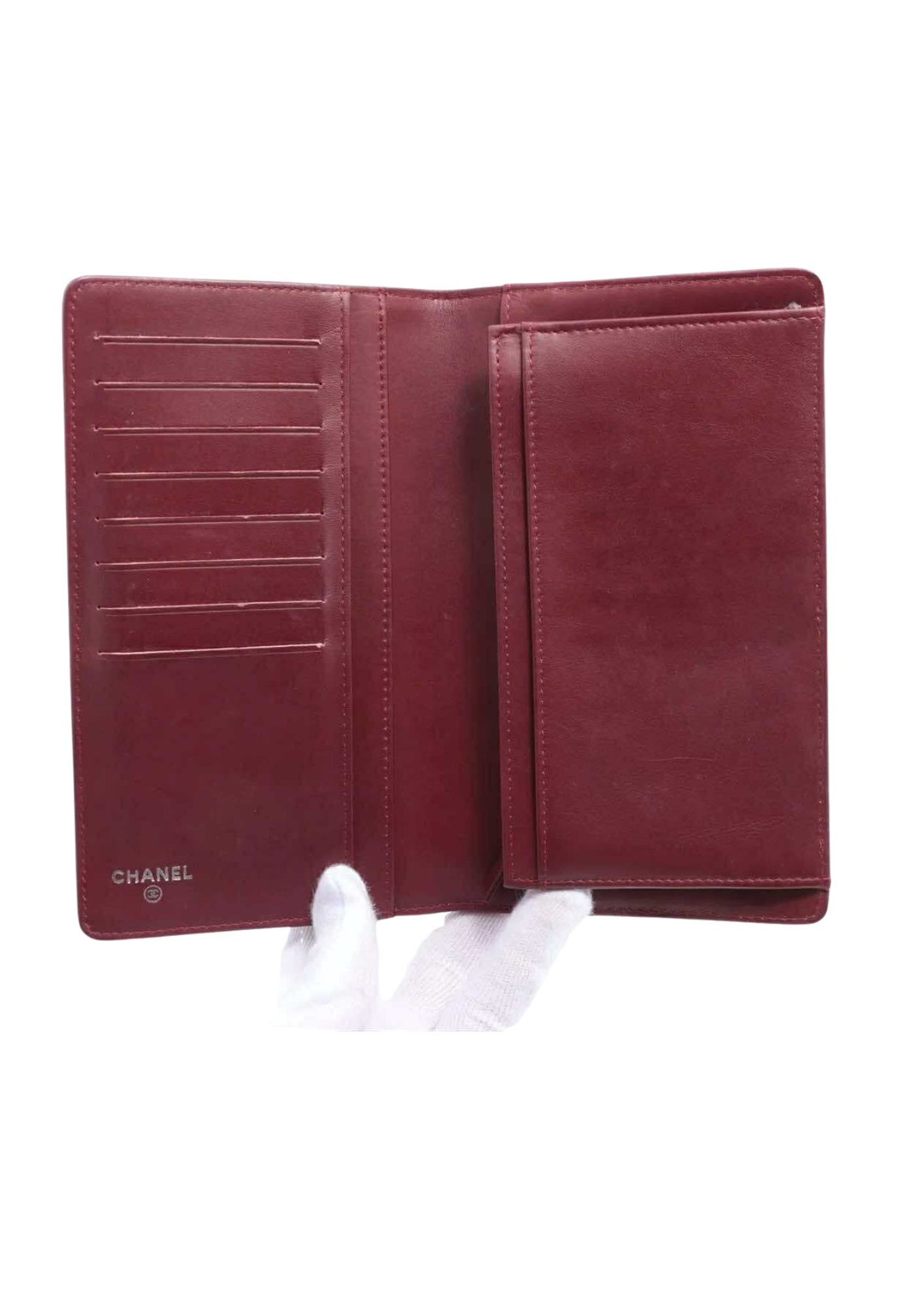 CHANEL Coco Mark Patent Leather Wallet Bordeaux Silver