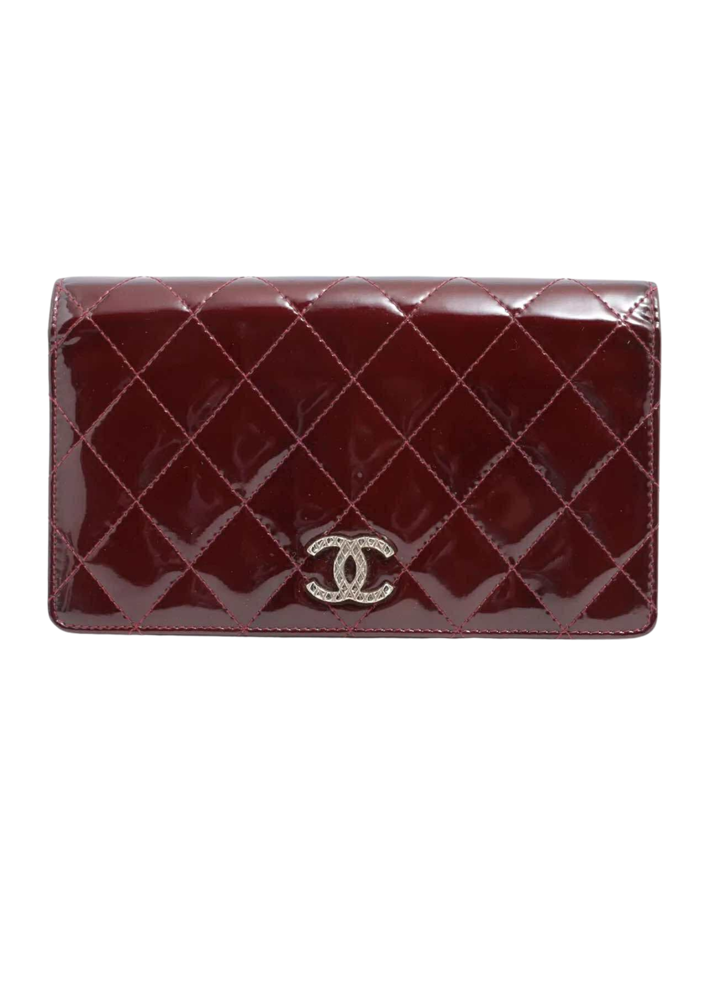CHANEL Coco Mark Patent Leather Wallet Bordeaux Silver