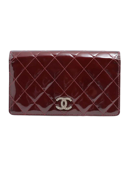CHANEL Coco Mark Patent Leather Wallet Bordeaux Silver