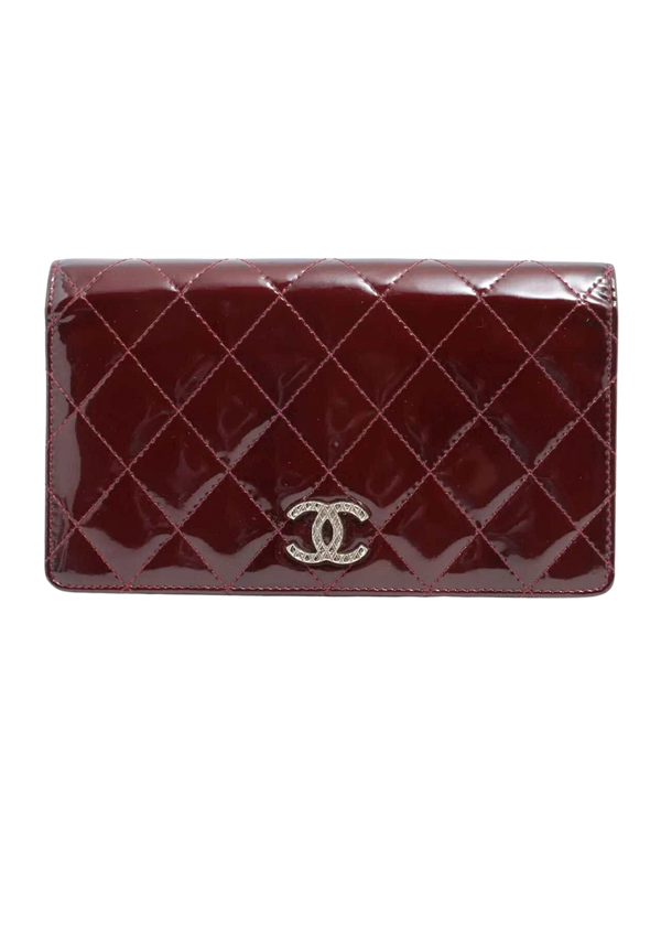 CHANEL Coco Mark Patent Leather Wallet Bordeaux Silver